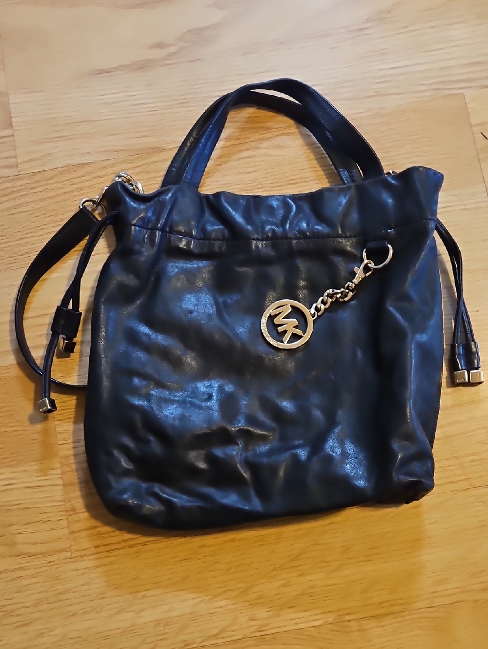 Michael Kors Black Leather Shoulder Bag with Gold MK Charm